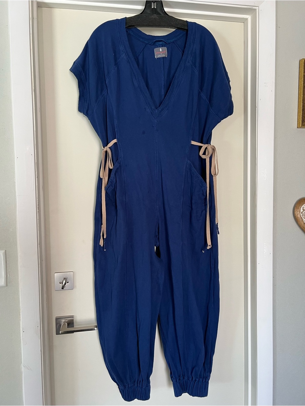 Free People Navy Blue V-Neck Cotton Jumpsuit with Tan Drawstrings